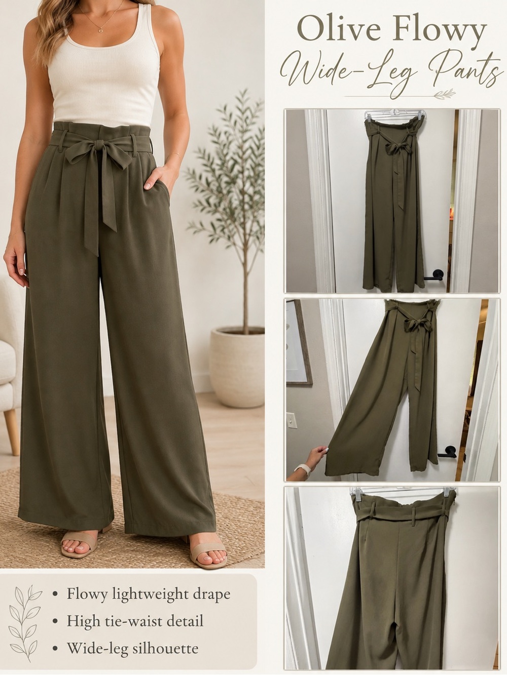 Olive High-Tie Waist Wide-Leg Pants